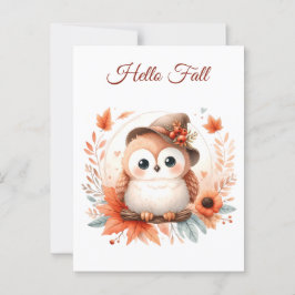 Postal Bechuza de otoño sentada en una rama