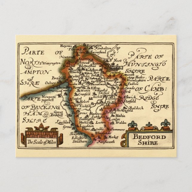 Postal Bedfordshire County England Mapa anticuario antigu (Anverso)