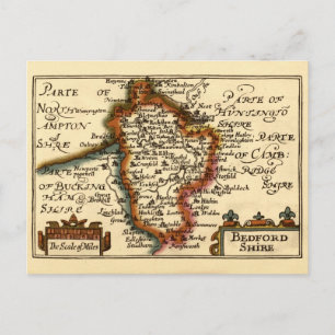 Postal Bedfordshire County England Mapa anticuario antigu