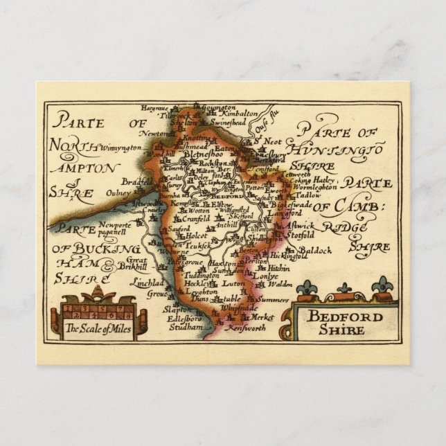 Postal Bedfordshire County England Mapa anticuario antigu (Anverso)