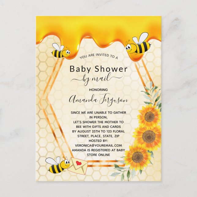 Postal Bee baby Shower por correo golosinas dulces de mie (Anverso)
