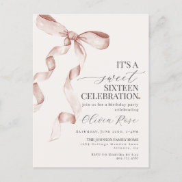 Postal Beige Bow Sweet Dieciséis Aniversario Invitado