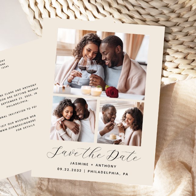 Postal Beige de 3 Collages de fotos salva la fecha (Subido por el creador)