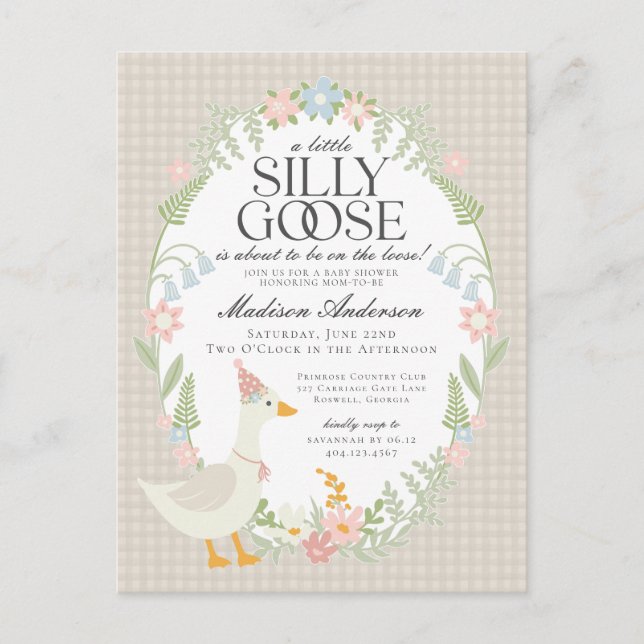 Postal Beige Silly Goose Floral Gingham Baby Shower (Anverso)