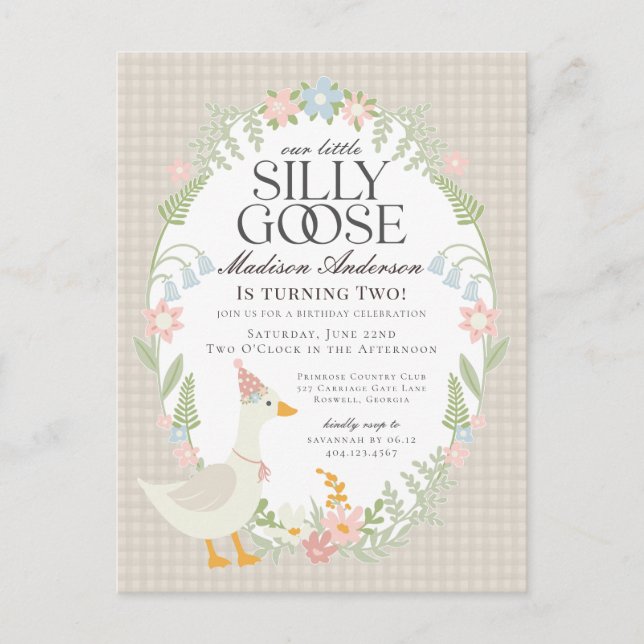 Postal Beige Silly Goose Floral Gingham Birthday Party (Anverso)