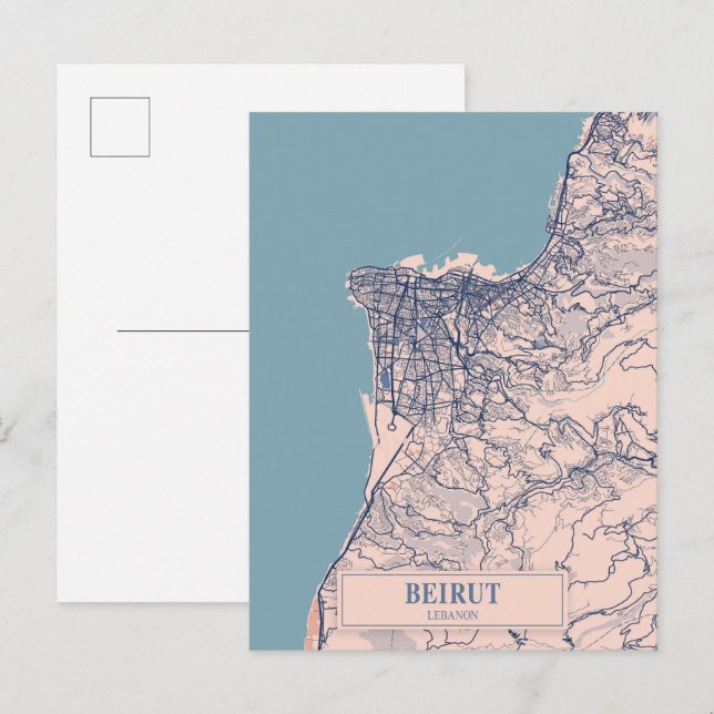 Postal Beirut Líbano Mapa de la Ciudad Ventosa Viajes (Anverso / Reverso)