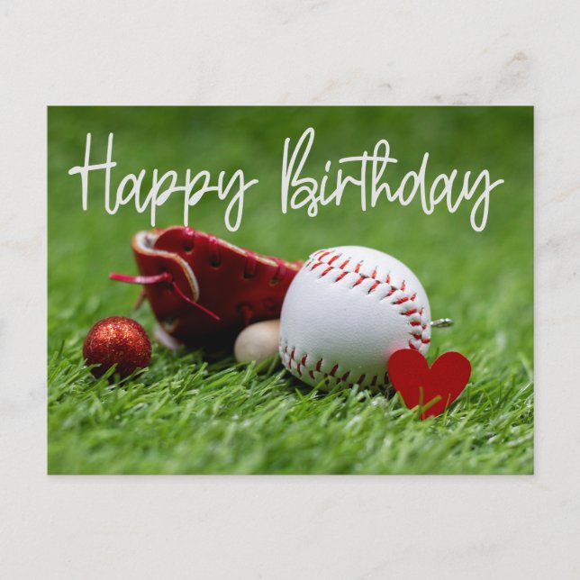 Postal Béisbol en césped verde con amor para cumpleaños (Anverso)