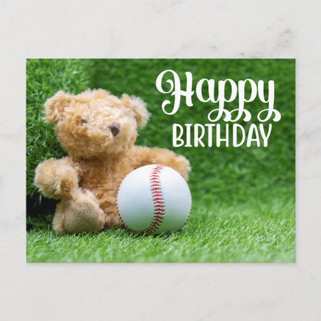 Postal Béisbol en hierba verde para cumpleaños  Oso de pe (Anverso)