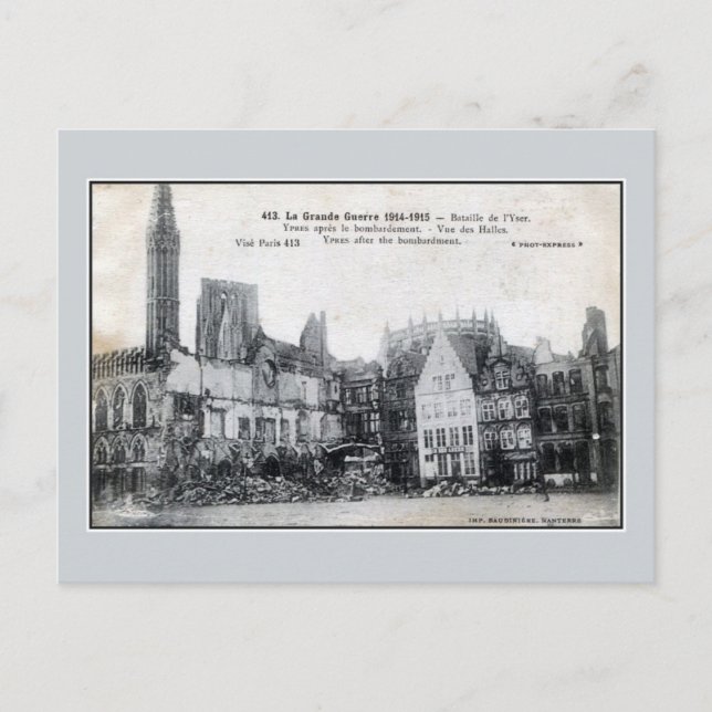 Postal Bélgica Ypres después del bombardeo (Anverso)