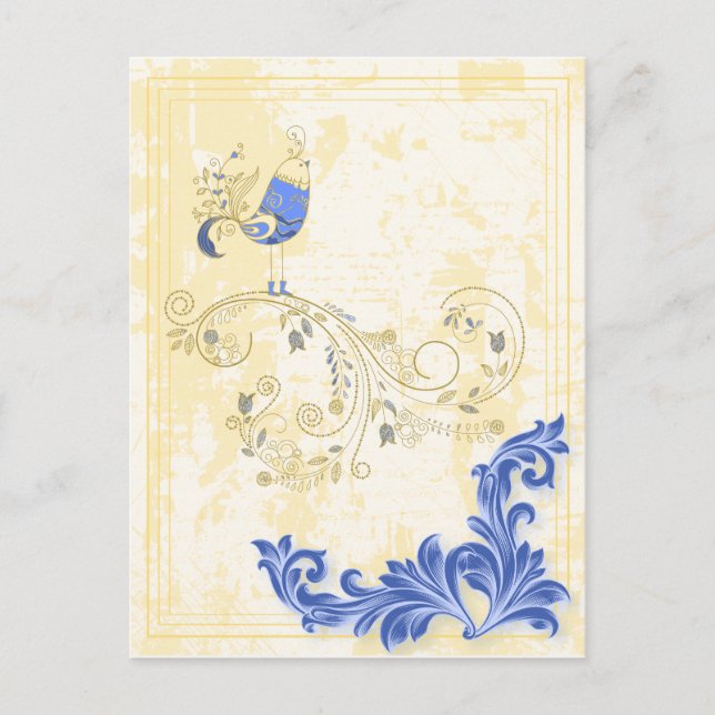 Postal Bella Artes floral retro de pájaro azul (Anverso)