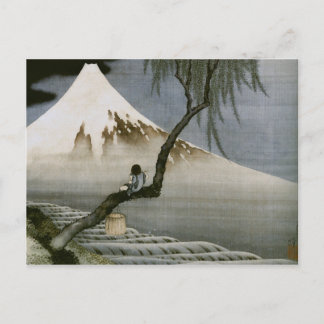Postal Bella Artes japonés de Boy y Mount Fuji Hokusai
