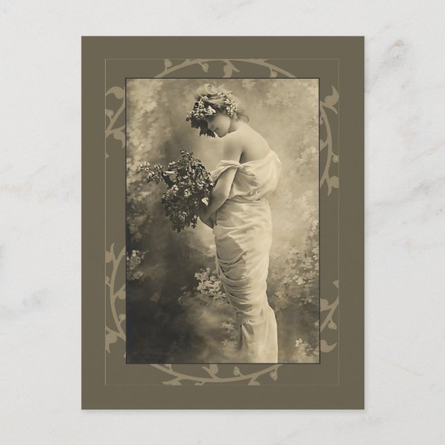 Postal Bella dama victoriana con flores cortadas (Anverso)