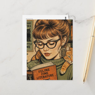 Postal Bella Dama y su Gato Leyendo