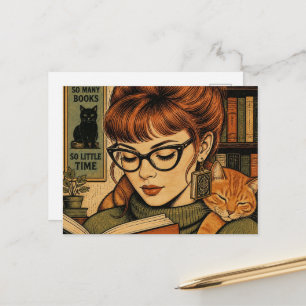 Postal Bella dama y su gato leyendo