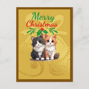 Postal Bella Feliz Navidad Dorado gato y perro