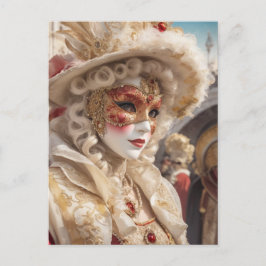 Postal Bella Máscara de Carnaval de Venecia Blanco Rojo