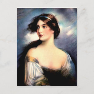 Postal bella mujer victoriana con viento