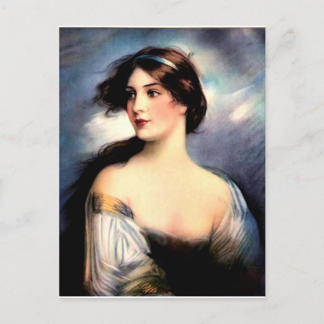 Postal bella mujer victoriana con viento (Anverso)