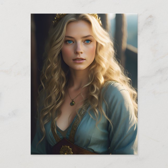 Postal Bella rubia riega mujer con vestido azul y oro (Anverso)