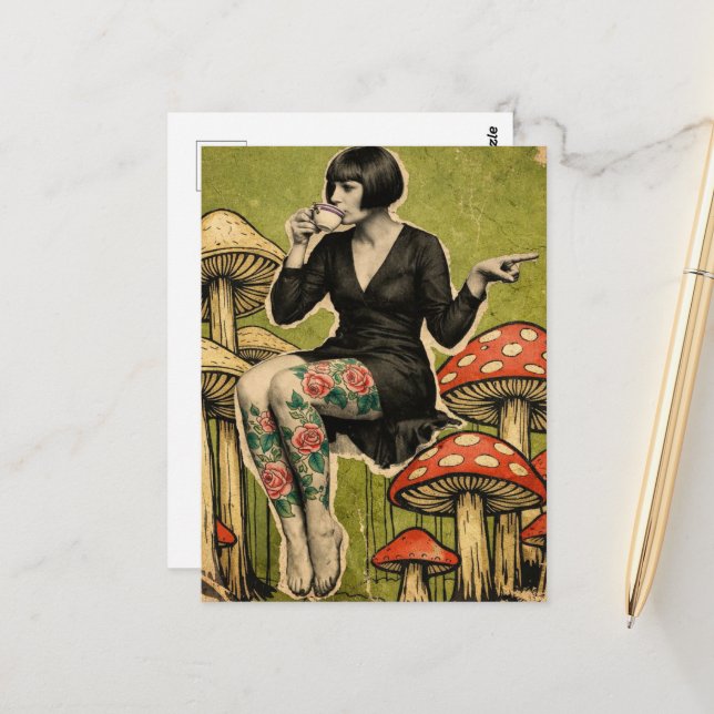 Postal Bella Señora Bebe Té Sentada en Hongos (Anverso/Reverso In Situ)