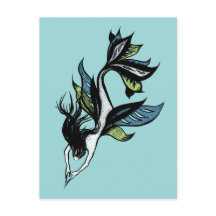 Bella Sirenita Gótica Dibujo de tinta verde azul
