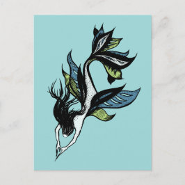 Postal Bella Sirenita Gótica Dibujo de tinta verde azul