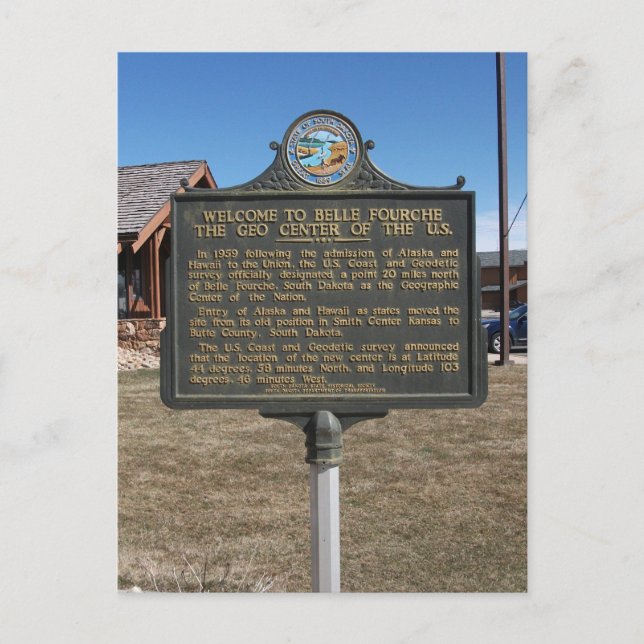 Postal Belle Fourche, SD, Centro Geo del Rótulo de EE.UU. (Anverso)