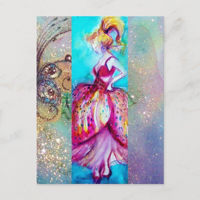 Postal BELLEZA CON VESTIDO ROSA / Planta Mariposa Mágica (Anverso)