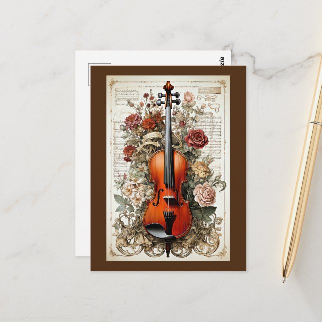 Postal Belleza de violín, floral ornamentada de IA genera (Anverso/Reverso In Situ)