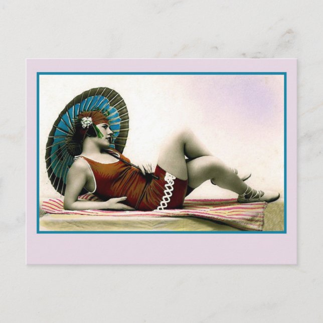 Postal Belleza del baño de los años 1920, chica de la fla (Anverso)