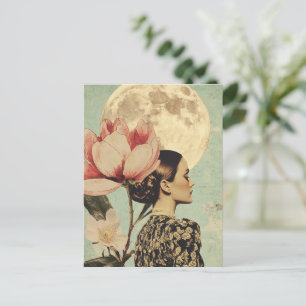 Postal Belleza iluminada por la luna - Mujer con flores r
