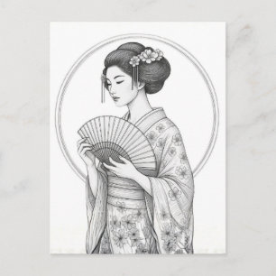 Postal Belleza Japonesa con Abanico Plegable