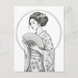 Postal Belleza Japonesa con Abanico Plegable