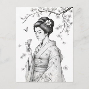 Postal Belleza Japonesa con Mariposas
