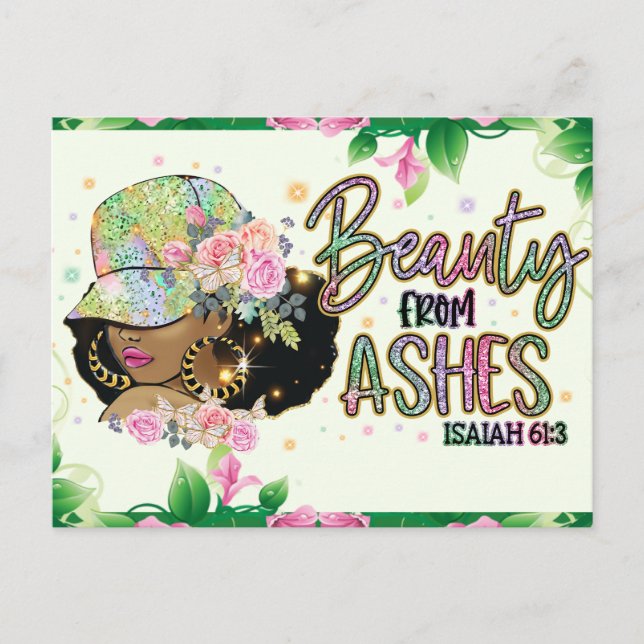 Postal Belleza por cenizas, Isaías 61:3, melanina, sista, (Anverso)