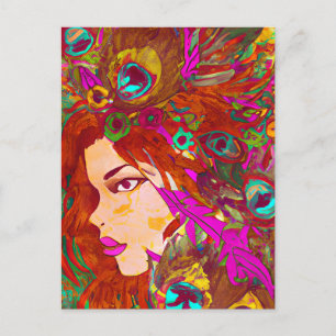 Postal Bello Arte Abstracto   Mujeres con Plumas