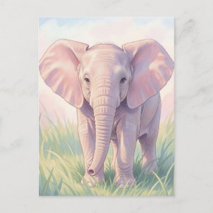 Postal Bello elefante bebé en prado pastel