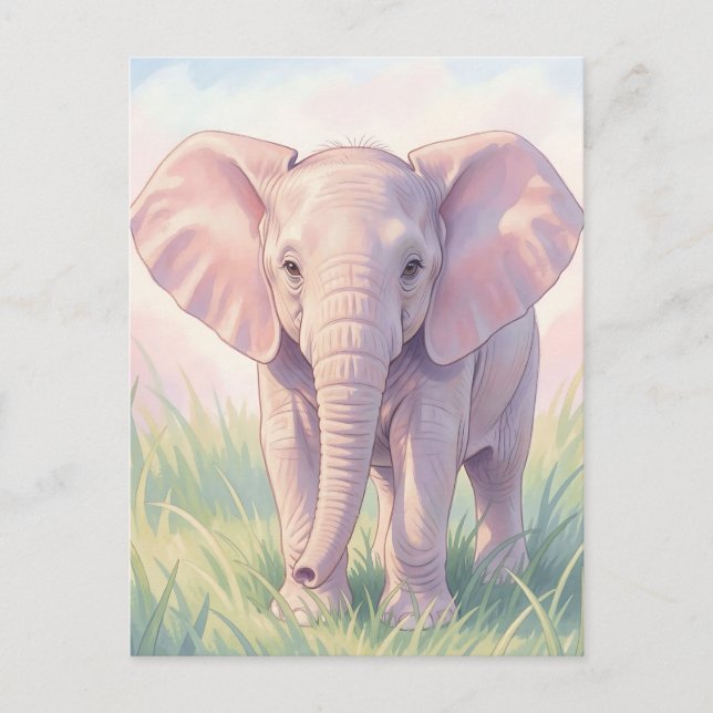 Postal Bello elefante bebé en prado pastel (Anverso)