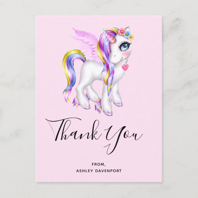 Postal Bello Unicornio con Melena de Arcoíris Gracias (Anverso)