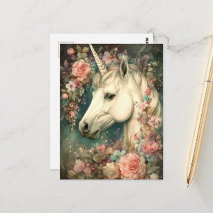 Postal Bello Unicornio y Flores