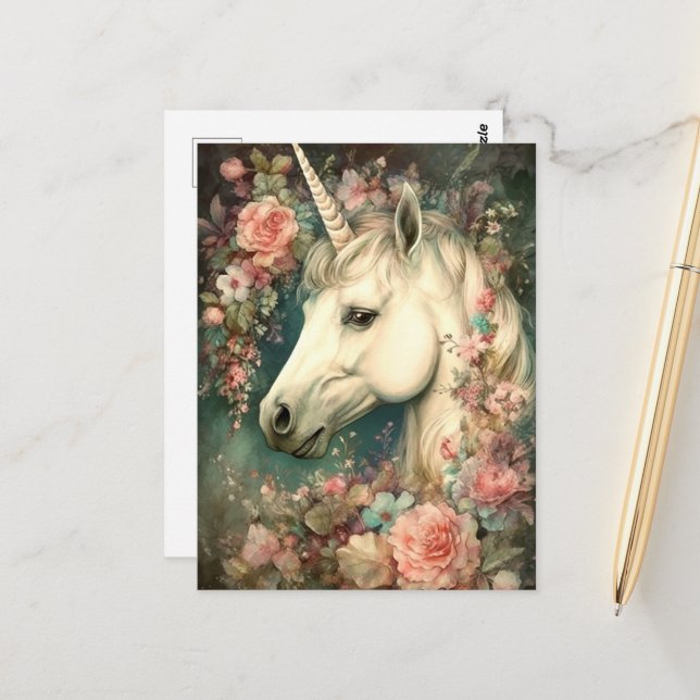 Postal Bello Unicornio y Flores (Anverso/Reverso In Situ)