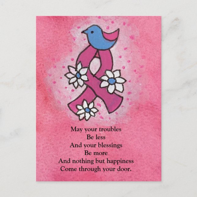 Postal Bendición irlandesa cáncer de mama lazo rosa pájar (Anverso)