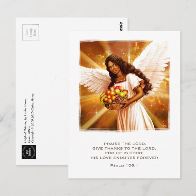 Postal Bendiciones de Acción de Gracias. Pintura de ángel (Anverso / Reverso)