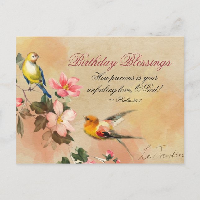 Postal Bendiciones de cumpleaños Salmo 36:7 Aves de la Bi (Anverso)