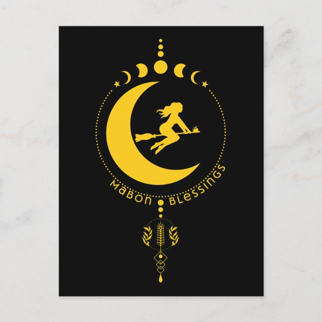 Postal Bendiciones de Mabon, bruja, luna, trigo (Anverso)