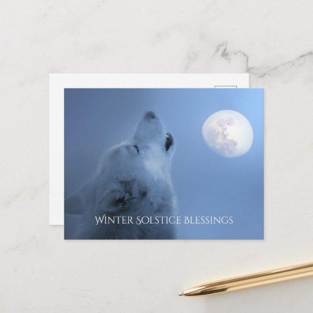 Postal Bendiciones del Solsticio de Invierno Lobo y Luna (Anverso/Reverso In Situ)