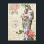 Postal Bendita Virgen María Rosas Vintage Religioso<br><div class="desc">Hermosa imagen católica tradicional de la Santísima Virgen María sujetando a Jesús y al Cordero. El fondo es un collage vintage con el texto del AVE MARIA. (Salve a María en latín) con rosas rosadas y una mariposa. La parte posterior de la postal es complementaria a la parte delantera con...</div>