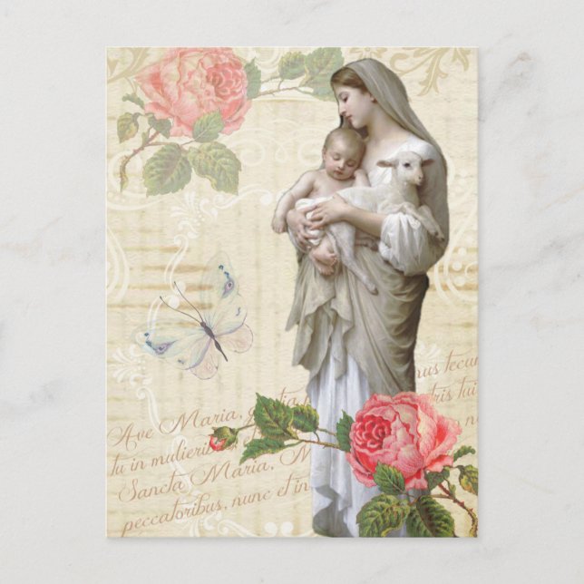 Postal Bendita Virgen María Rosas Vintage Religioso (Anverso)