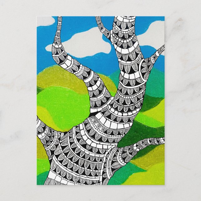 Postal Bendy Tree Design Clouds Grassy Landscape (Anverso)