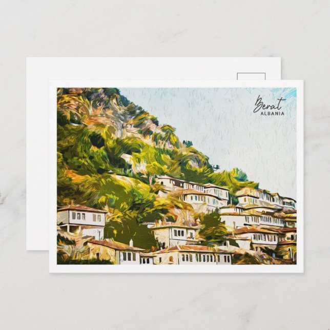 Postal Berat Albania Hermoso paisaje de pintura al aceite (Anverso / Reverso)